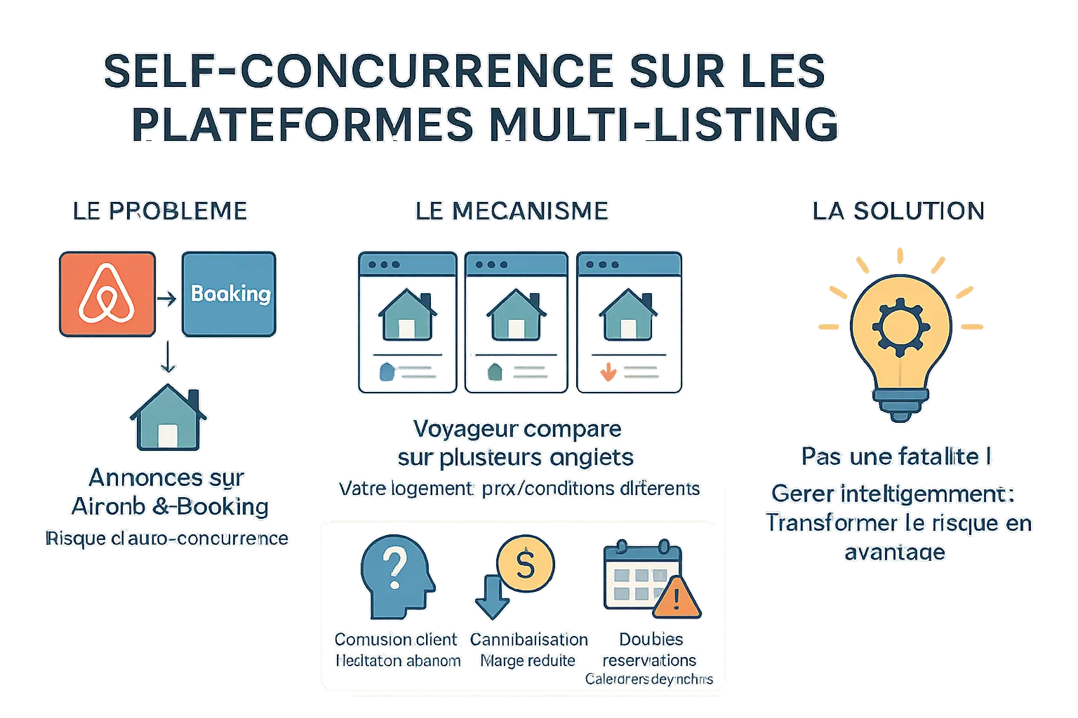 <strong>Risque d&rsquo;auto-concurrence</strong> entre plateformes de location » /></p>
<p>En combinant ces stratégies, vous <strong>transformez le multi-listing en atout</strong>. Plus de réservations, une clientèle diversifiée, et un contrôle total sur votre activité. À vous de jouer !</p>
<h2 id=