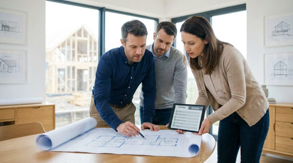 Three individuals meticulously review house blueprints and a digital tablet showing criteria, with a house under construction outside.