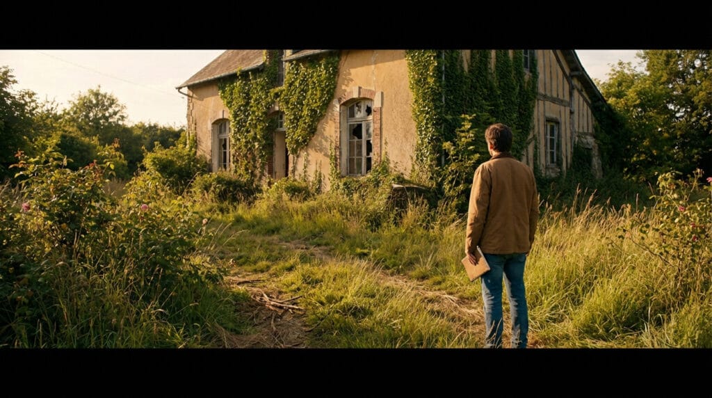 A person stands before an ivy-covered abandoned house at golden hour, holding a notebook, amidst an overgrown garden.