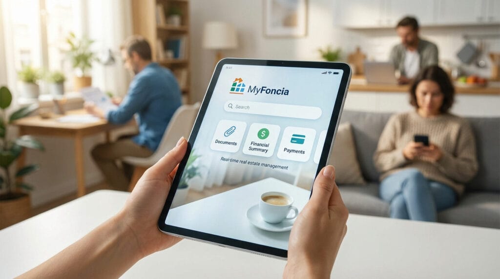 Hands hold a tablet showing the MyFoncia real estate app (documents, finance, payments). Blurred background: people managing property tasks at home.