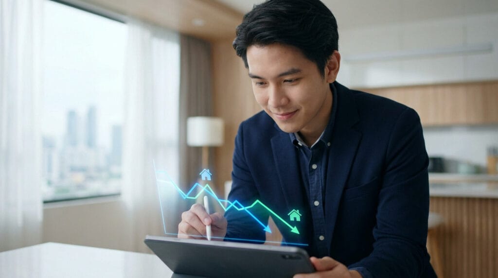 Young professional analyzing real estate trends on a tablet with a holographic graph showing price evolution and house icons. Bright office.