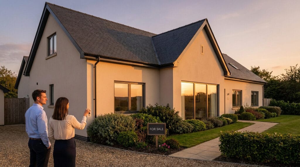 Elegant beige house with dark roof and neat garden at sunset. Two figures, one holding keys, stand by a 'For Sale' sign.