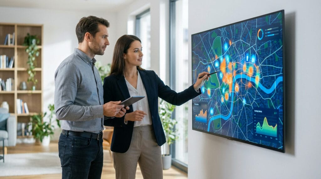 Male and female analyzing a digital city map with real estate data on a large monitor. The female points while the male holds a tablet.