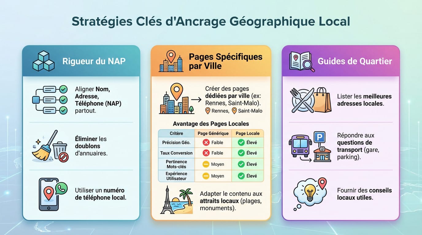 Stratégies d'ancrage géographique pour le référencement local conciergerie
