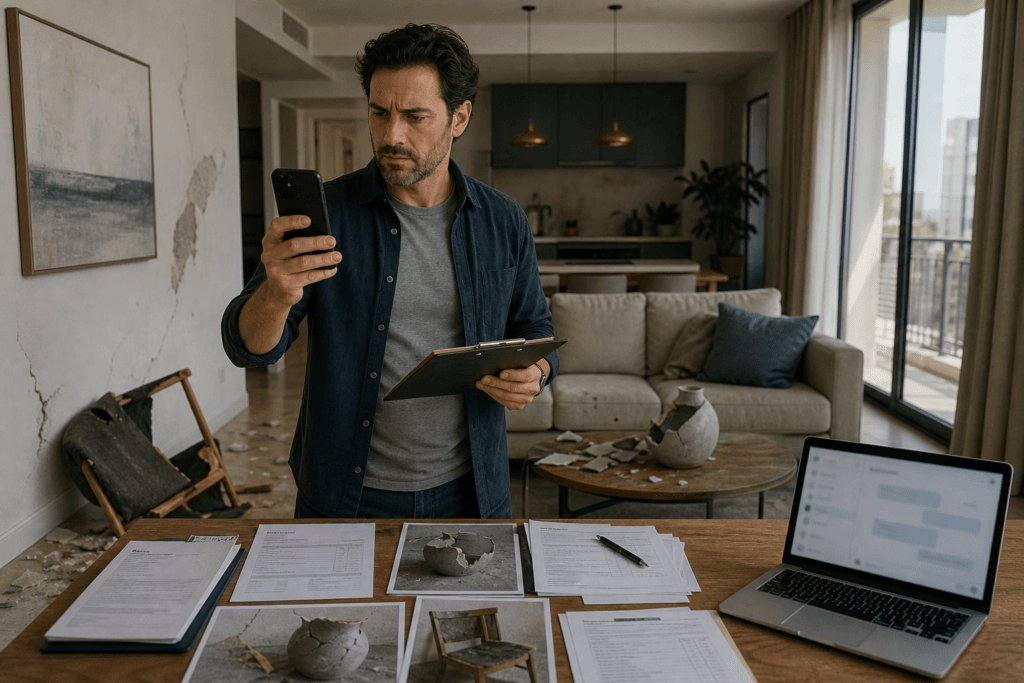 Un homme examine des dégâts dans un salon après un sinistre, avec des documents et un ordinateur portable sur la table